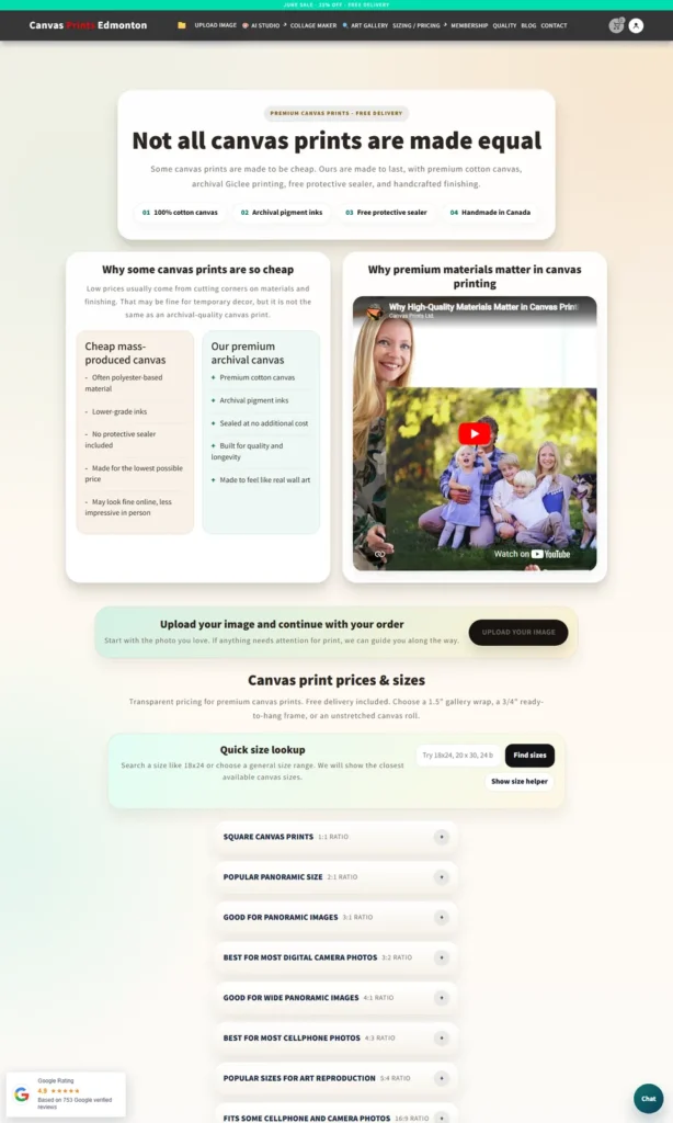 Canvas Prints Edmonton quick size lookup and canvas ratio guide screenshot
