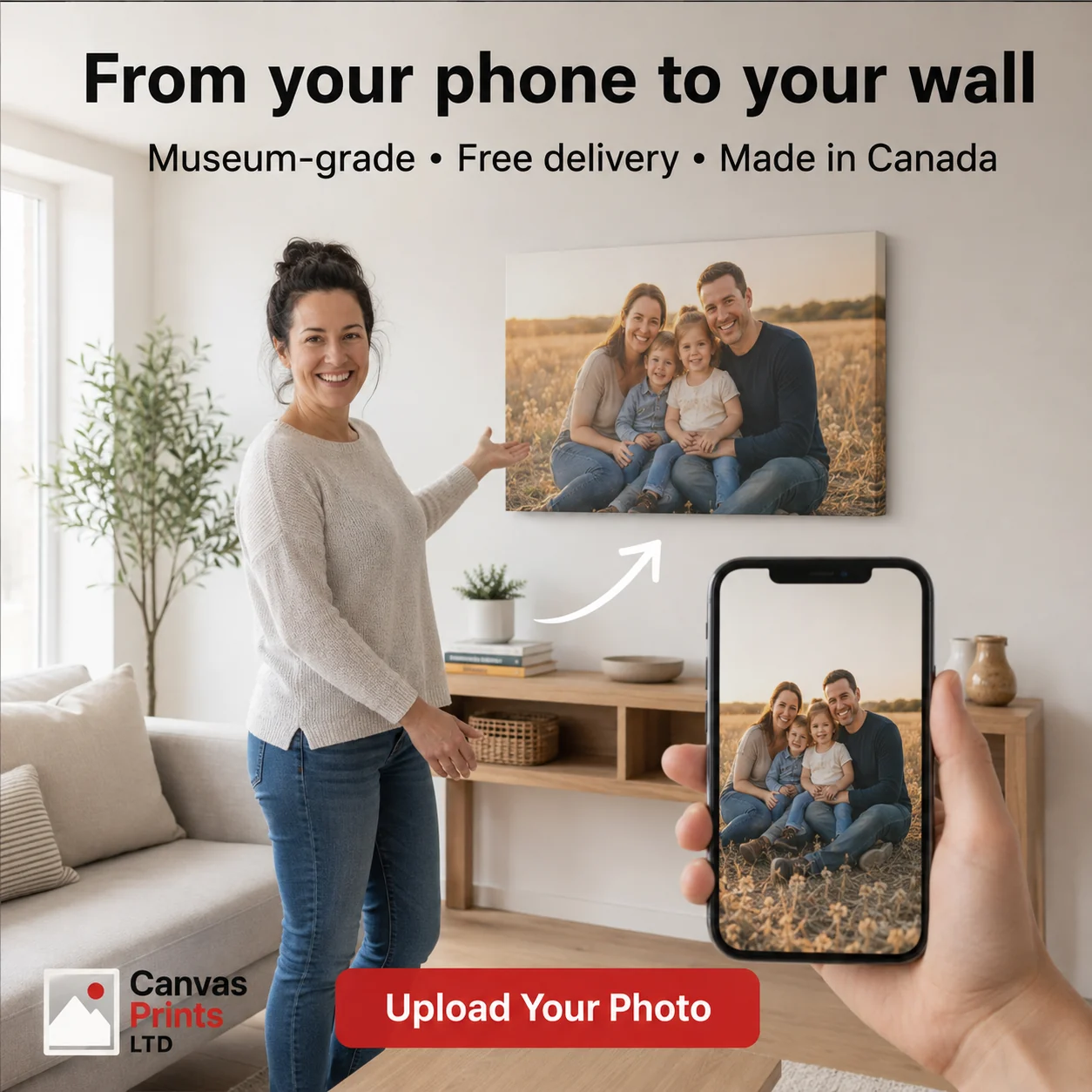From a phone photo to a museum-grade family canvas print made in Canada with free delivery.