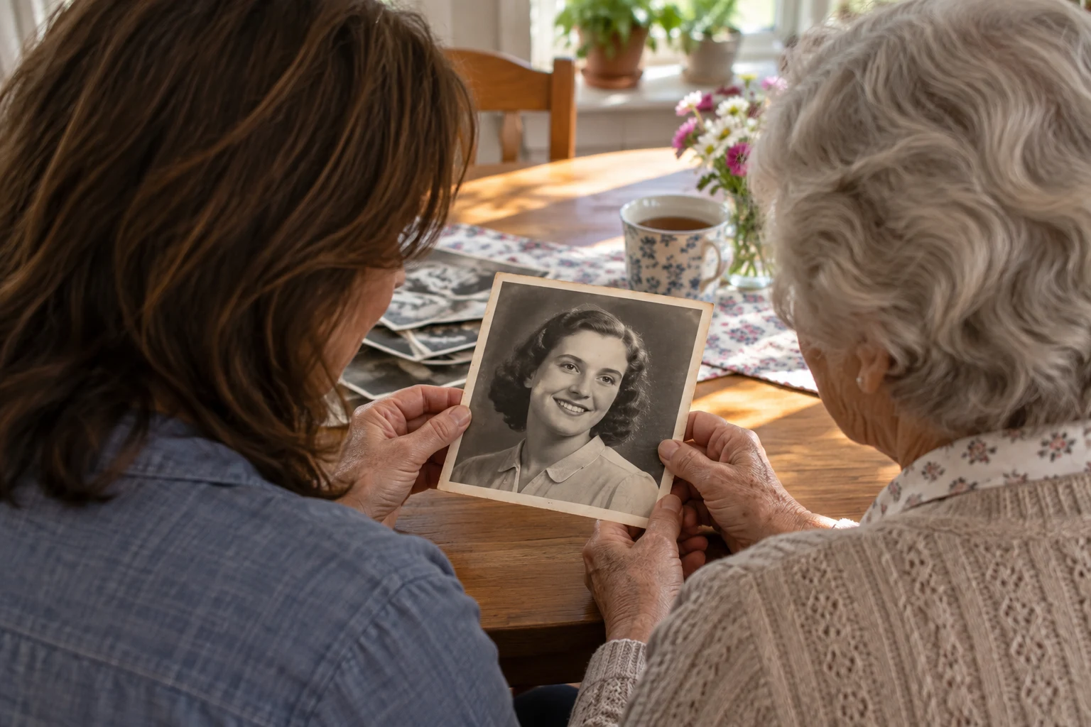 View over two women’s shoulders as they look together at the front of a vintage black-and-white portrait.